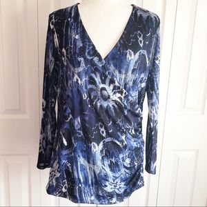 Fashion Bug Blue Multi Abstract Tie Dye Print Faux Wrap Blouse 0X